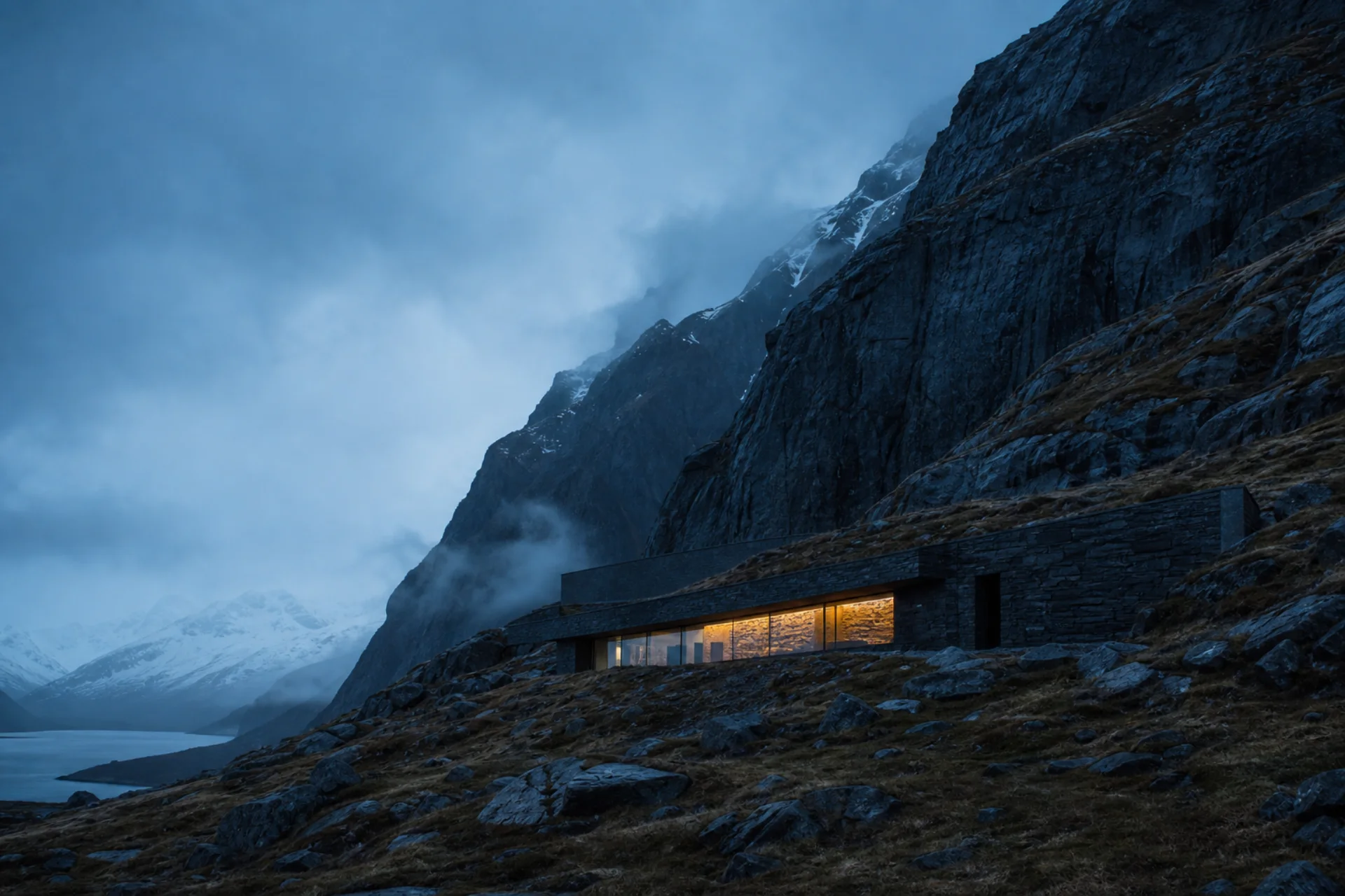 Dunkles Berghaus in einer nebligen Alpenlandschaft